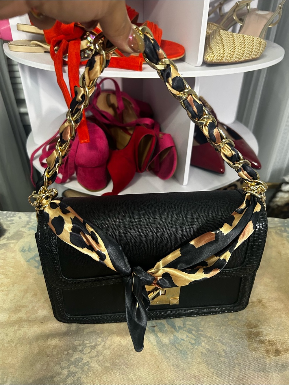 Aldo Black Shoulder Bag with Leopard Scarf and Gold Chain